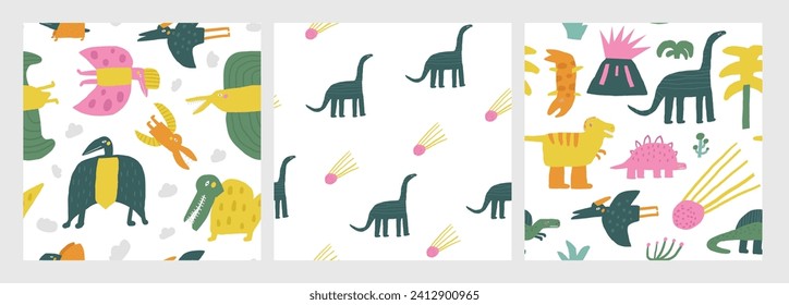 Cute dinosaur theme seamless patterns set. Funny hand drawn doodle repeatable pattern with volcano, dinos, trees, meteorite, diplodocus, stegosaurus, pterodactyl, plants. Jurassic period, era backgrou