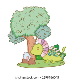 cute dinosaur with tree in the landscape