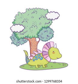 cute dinosaur with tree in the landscape