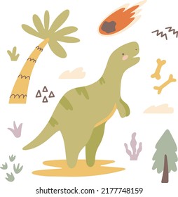 Cute dinosaurio t-rex. Divertido dino de dibujos animados con hojas tropicales, huesos, huellas. Diseño de niños vectoriales dibujados a mano para guarderías, imágenes prediseñadas, impresiones al estilo escandinavo. Monstruo de bebé lindo