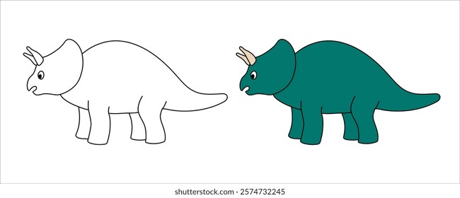 Cute dinosaur triceratops character. Editable stroke. Coloring page template. Design element for print, greeting card, invitation, book. Isolated vector illustration