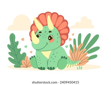 Cute dinosaur triceratops flat illustration of a cheerful up historical character