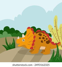 Lindo dinosaurio triceratops ilustración plana de un alegre personaje histórico para el diseño de la tarjeta de felicitación, felicitación y la creación de la postal de invitación.