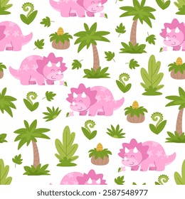 Cute dinosaur triceratops kids cartoon pattern. Dinosaurs and plants prehistoric world pattern.