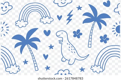 Cute dinosaur and tropical doodle set with palm trees, rainbows, clouds, and hearts. Fun hand-drawn vector for kids’ themes, nursery art, and whimsical creative illustrations.