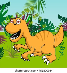 Cute dinosaur with tropical forest background