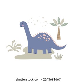 Cute dinosaur and tropical plants isolated on white background. Cartoon characters reptiles vector illustrations. Hand drawn prehistoric lizard poster