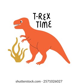 Cute dinosaur tyrannosaurus character and hand drawn text T-Rex Time. Design element for print, greeting card, invitation, book. Isolated vector illustration