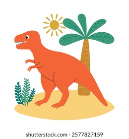 Cute dinosaur tyrannosaurus character, palm tree and plant. Design element for print, greeting card, invitation, book. Isolated vector illustration
