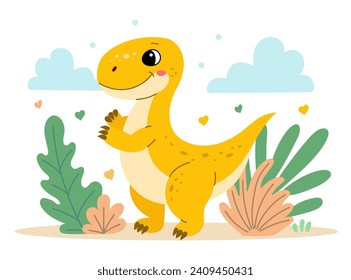 Cute dinosaur tyrannosaurus flat illustration of a cheerful up historical character.