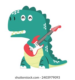 Cute dinosaur tyrannosaurus with guitar rock 