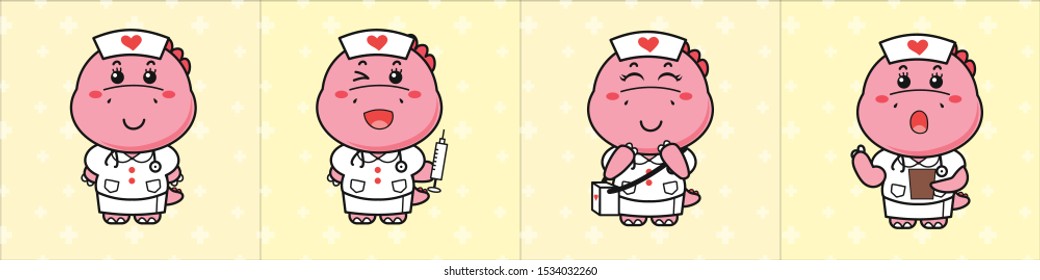 Cute dinosaur unicorn nurse logo for kid.Mascot cartoon hand draw.
