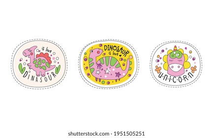 Cute Dinosaur and Unicorn Patches and Stickers Vector Set