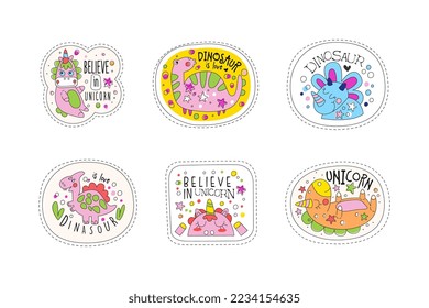 Cute Dinosaur and Unicorn Patches and Stickers Vector Set