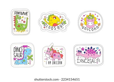Cute Dinosaur and Unicorn Patches and Stickers Vector Set