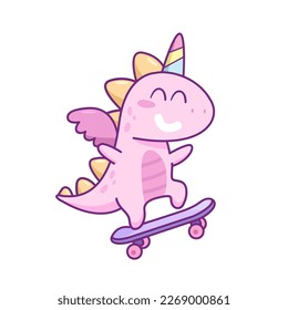 Cute Dinosaur Unicorn ride on skate board. Caroon Dinosaur or Unicorn with skate board. Funny Baby Dinocorn for kids print design. Isolated vector illustrator