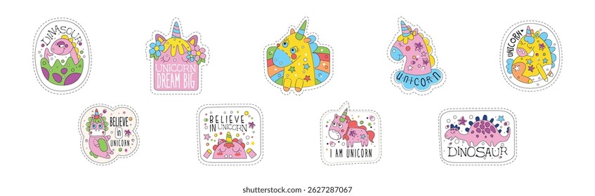 Cute Dinosaur and Unicorn Sticker and Patches Vector Set