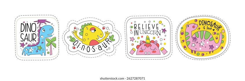 Cute Dinosaur and Unicorn Sticker and Patches Vector Set