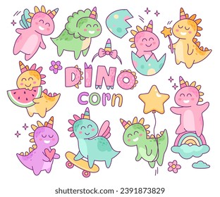 Cute dinosaur unicorns childish characters in different poses doing various things set. Loving Jurassic creature colorful mascot fairytale happy smiling, rainbow birthday dino vector illustration