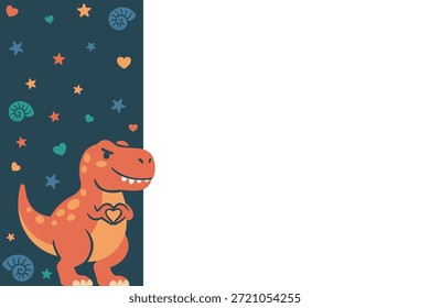Fondo lindo del día de San Valentín del dinosaurio con el espacio lateral de la copia de la frontera. Plantilla amigable para niños con T-Rex haciendo forma de corazón. Diseño plano del Vector para la invitación del partido de los niños en el fondo azul.