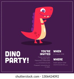 Cute Dinosaur Vector Cartoon Invitation Design with Where and When Details