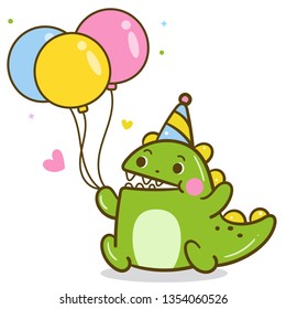 Cute dinosaur vector with colorful balloon, dino doodles, t rex for Happy birthday party theme (White background). Perfect for kid's greeting card design and Print for t-shirt. Romantic hand drawing.