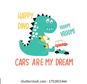 Cute dinosaur vector illustration for t-shirt design with slogan. Vector illustration design for fashion fabrics, textile graphics, prints.