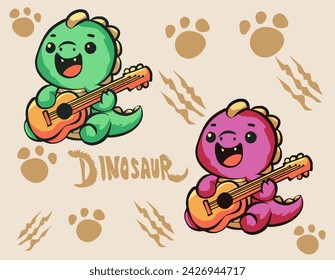 cute dinosaur vector illustration, cute tyrannosaurus cartoon character playing guitar, with two color concept, isolated vector design, perfect for sticker design, children's t-shirts