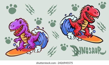 cute dinosaur vector illustration, cute tyrannosaurus cartoon character surfing in summer, with two color concept, isolated vector design, perfect for sticker design, kids t-shirts