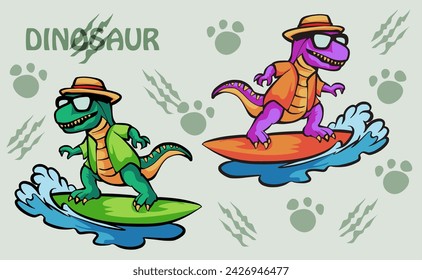cute dinosaur vector illustration, cute tyrannosaurus cartoon character surfing in summer, wearing a hat, with two color concept, isolated vector design, perfect for sticker design, children's t-shirt