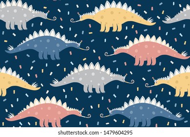 Cute dinosaur vector pattern for kids. Birthday pattern with cute cartoon dinosaur. Pattern with adorable stegosaurus with party horn and confetti. Illustration for kids fabric, birthday invitation