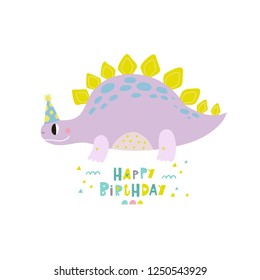 Cute dinosaur vector print for kids. Happy Birthday cards with cartoon dinosaur.  Cute Dino pastel print for party decor.