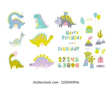 Cute Dinosaur Vector Print For Kids. Happy Birthday Cards With Cartoon Dinosaur.  Cute Dino Pastel Print For Party Decor.