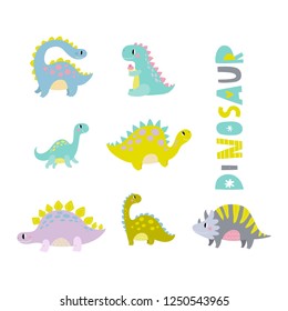 Cute dinosaur vector print for kids. Happy Birthday cards with cartoon dinosaur.  Cute Dino pastel print for party decor.