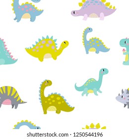 Cute dinosaur vector print for kids. Happy Birthday cards with cartoon dinosaur.  Cute Dino pastel print for party decor.  Seamless pattern