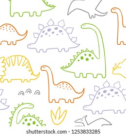 Cute dinosaur vector print for kids. Vector print  with cartoon dinosaur.  Cute Dino pastel print for party decor. Seamless pattern