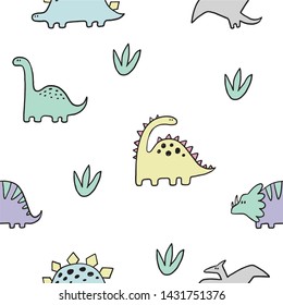 Cute Dinosaur Vector Print For Kids. Vector Print  With Cartoon Dinosaur.  Cute Dino Pastel Print For Party Decor. Seamless Pattern