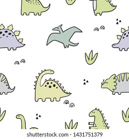 Cute dinosaur vector print for kids. Vector print  with cartoon dinosaur.  Cute Dino pastel print for party decor. Seamless pattern