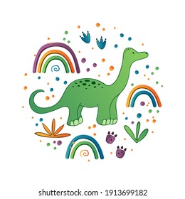 Cute dinosaur vector print for kids. Dino with rainbow. Cute Dino print for decor.