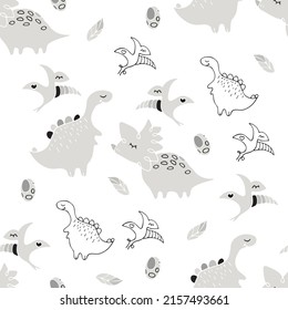 Cute dinosaur vector print for kids design. Vector print with cartoon dinosaur. Cute Dino doodle print for childish decor. Seamless pattern