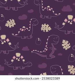 Cute dinosaur vector print for kids. Vector print with cartoon dinosaur. Cute Dino pastel print for party decor. Seamless pattern