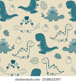 Cute dinosaur vector print for kids. Vector print with cartoon dinosaur. Cute Dino pastel print for party decor. Seamless pattern