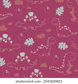 Cute dinosaur vector print for kids. Vector print with cartoon dinosaur. Cute Dino pastel print for party decor. Seamless pattern