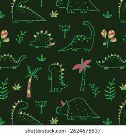 Cute dinosaur vector print for kids. Vector print with cartoon dinosaur. Cute Dino pastel print for party decor. Seamless pattern