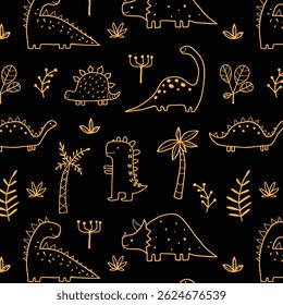 Cute dinosaur vector print for kids. Vector print with cartoon dinosaur. Cute Dino pastel print for party decor. Seamless pattern