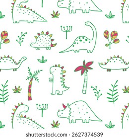 Cute dinosaur vector print for kids. Vector print with cartoon dinosaur. Cute Dino pastel print for party decor. Seamless pattern