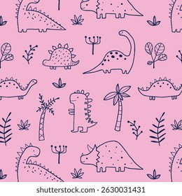 Cute dinosaur vector print for kids. Vector print with cartoon dinosaur. Cute Dino pastel print for party decor. Seamless pattern