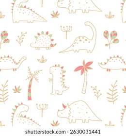 Cute dinosaur vector print for kids. Vector print with cartoon dinosaur. Cute Dino pastel print for party decor. Seamless pattern
