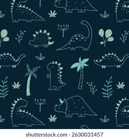 Cute dinosaur vector print for kids. Vector print with cartoon dinosaur. Cute Dino pastel print for party decor. Seamless pattern