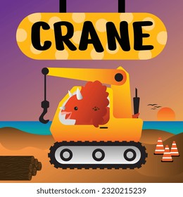 Cute Dinosaur Vector Riding a Crane Truck, Construction Vehicles